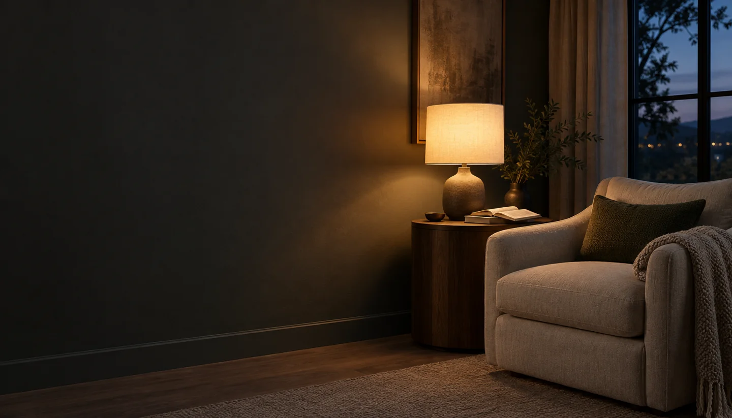 A warm lamp lights a quiet reading corner at dusk